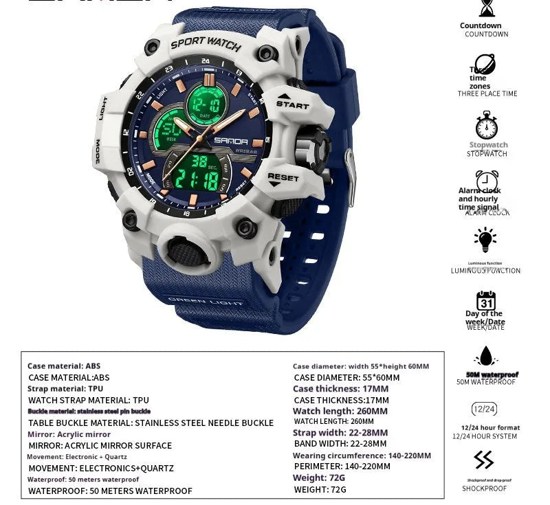 Dried Shrimp sports waterproof electronic watch in black with ABS case and TPU strap
