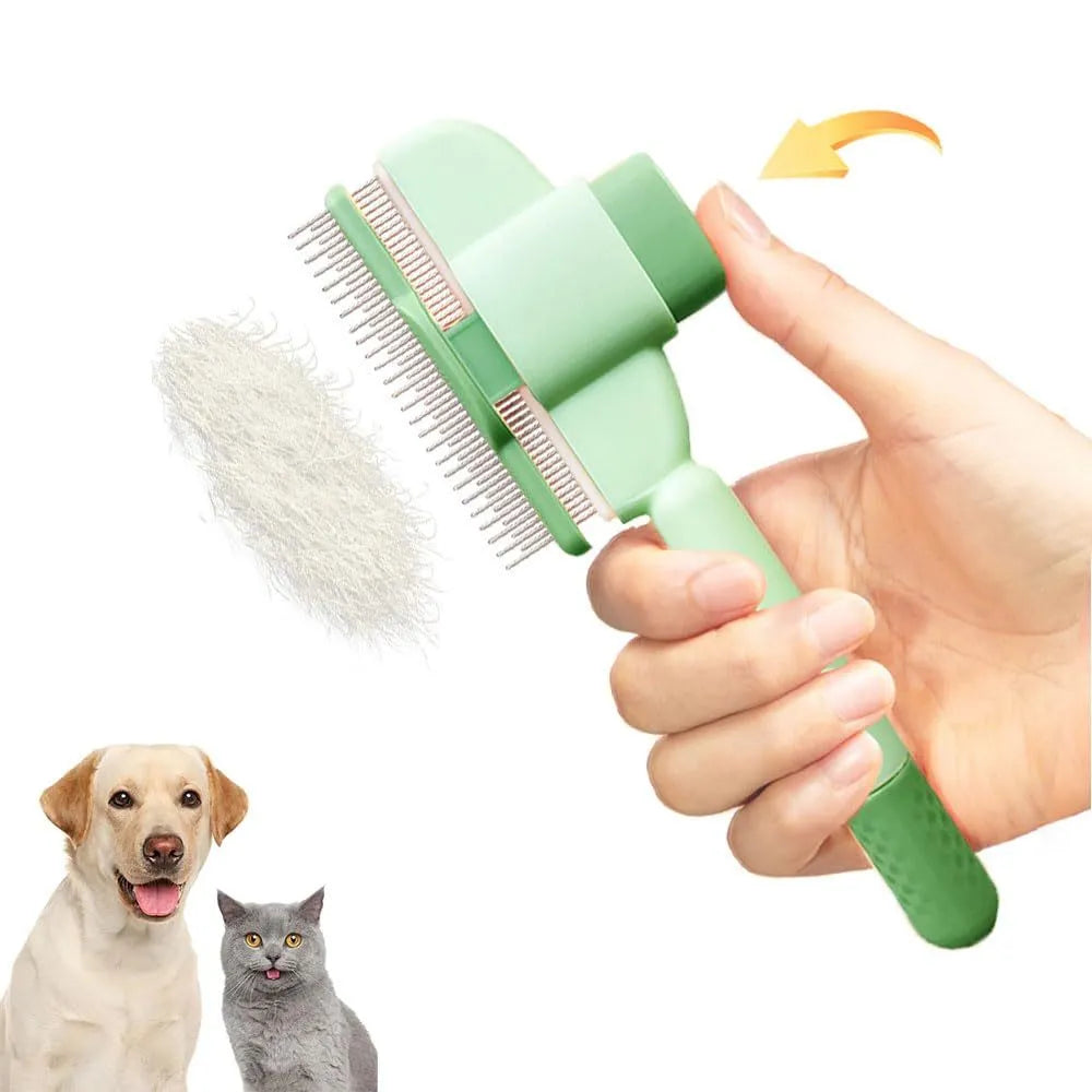 Yellow and green self-cleaning pet comb with stainless steel teeth and release button