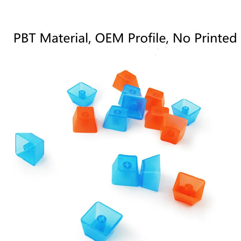 Set of 104 transparent PBT keycaps for mechanical keyboards in orange, white, blue, and black colours.