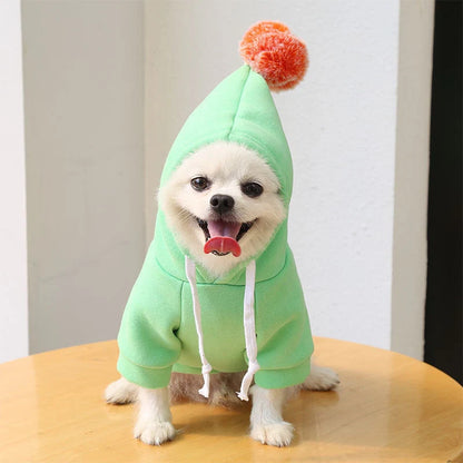 Two-legged hooded fleece outfit for dogs in fruit green, perfect for cooler weather