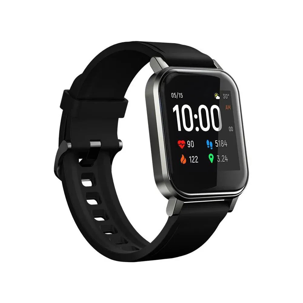 Black waterproof smart bracelet with 1.4-inch screen and silicone strap on a wrist