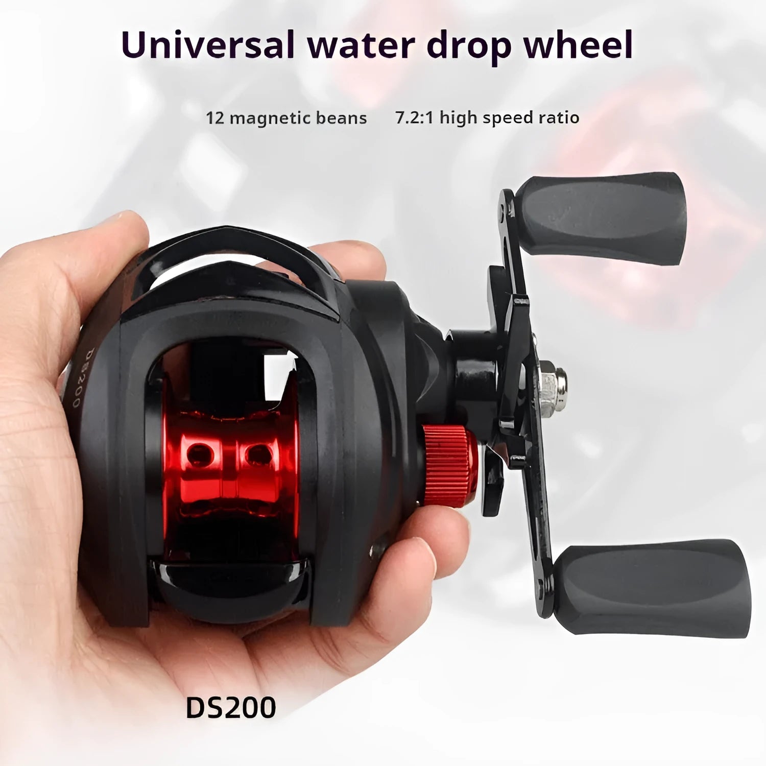 DS200 blue left hand alloy double brake fishing reel with line on a dark background