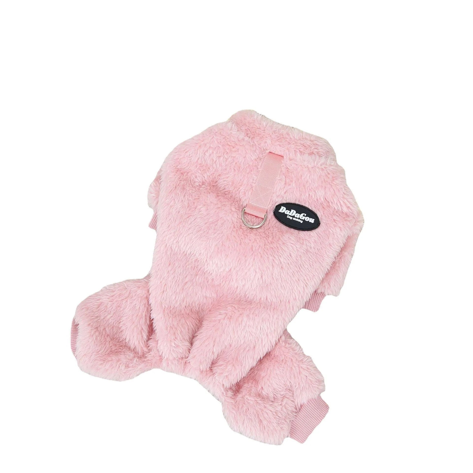 Small dog wearing a three-colour pull-ring four-leg fluffy coat in Brown, made from coral fleece