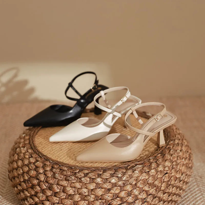 Spring women's pointed stiletto pump sandals in solid colour with rubber sole and imitation sheepskin lining, shown in apricot