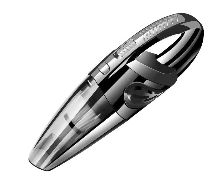 Black cordless handheld car vacuum cleaner with attachments on a grey surface