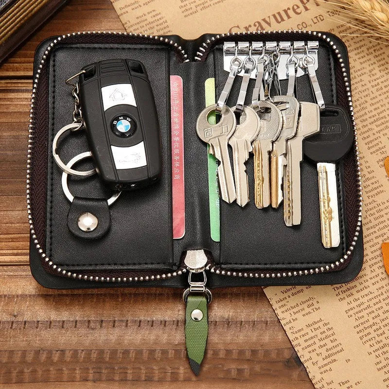 Black zipper multifunction card holder in synthetic leather with letter pattern, square vertical shape