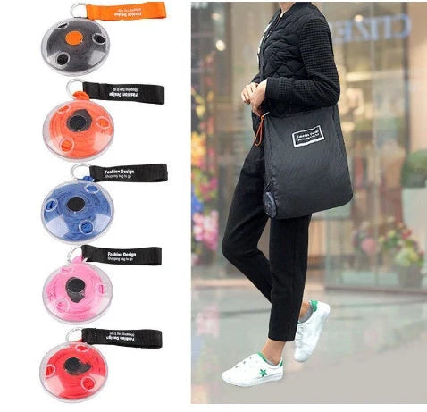 Disc folding portable shopping bag in vibrant colours, compact and eco-friendly
