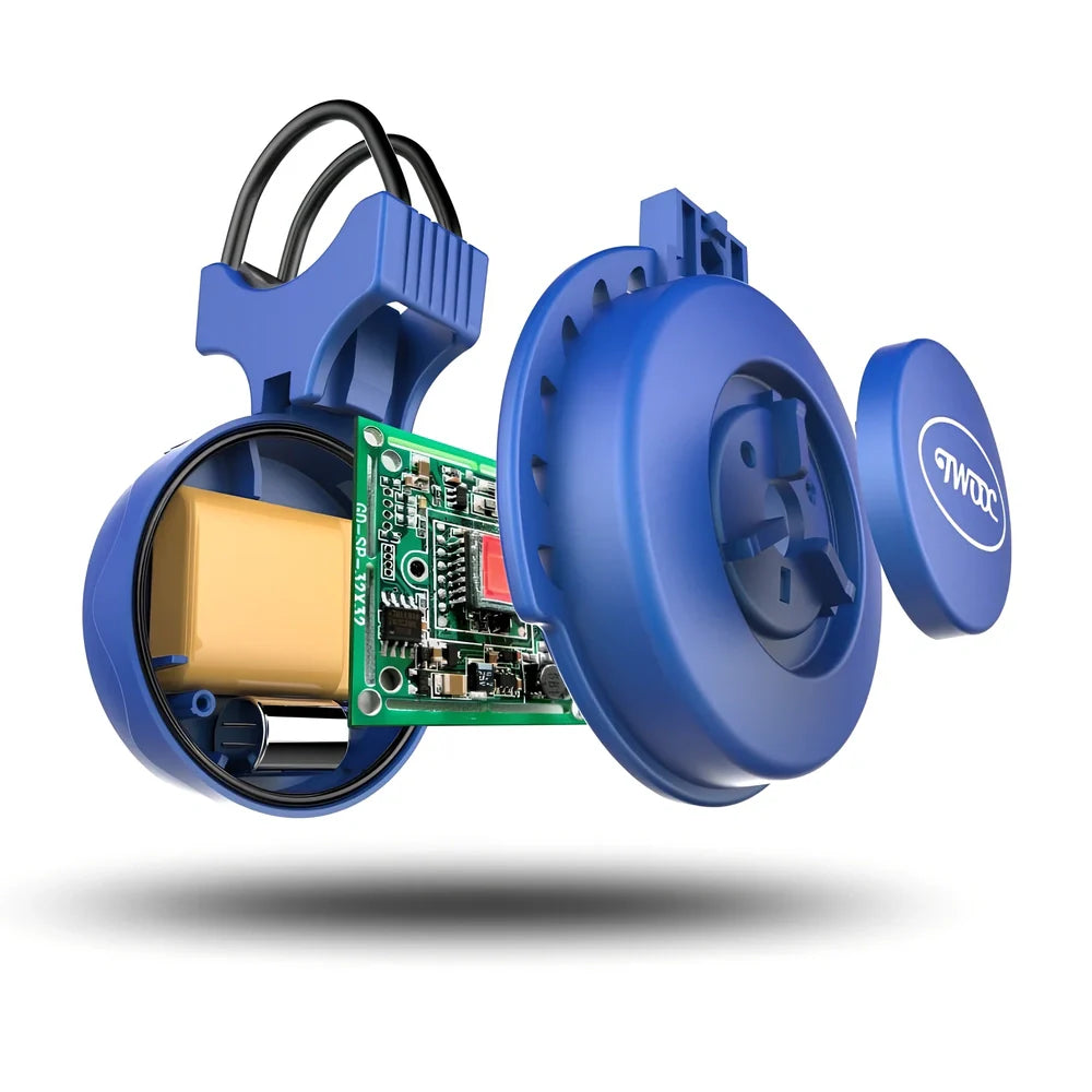 Compact black TWOOC T-002 bicycle electronic horn with wired switch, 110-120dB sound modes, mounted on handlebar via rubber strap