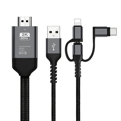 Black 4K 3in1 HDMI wireless WiFi adapter cable connecting Android iOS phone to TV for screen mirroring
