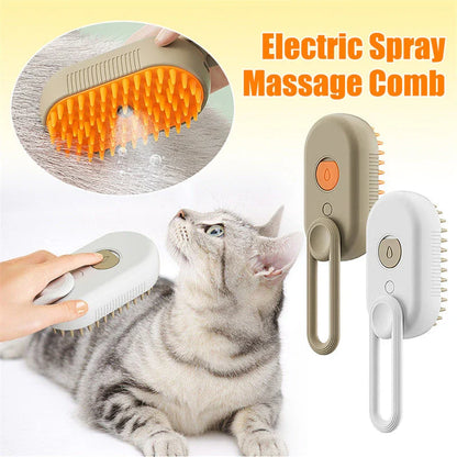 A 3-in-1 pet grooming brush with a steam spray function, designed to gently brush, massage, and moisturize your pet's coat.