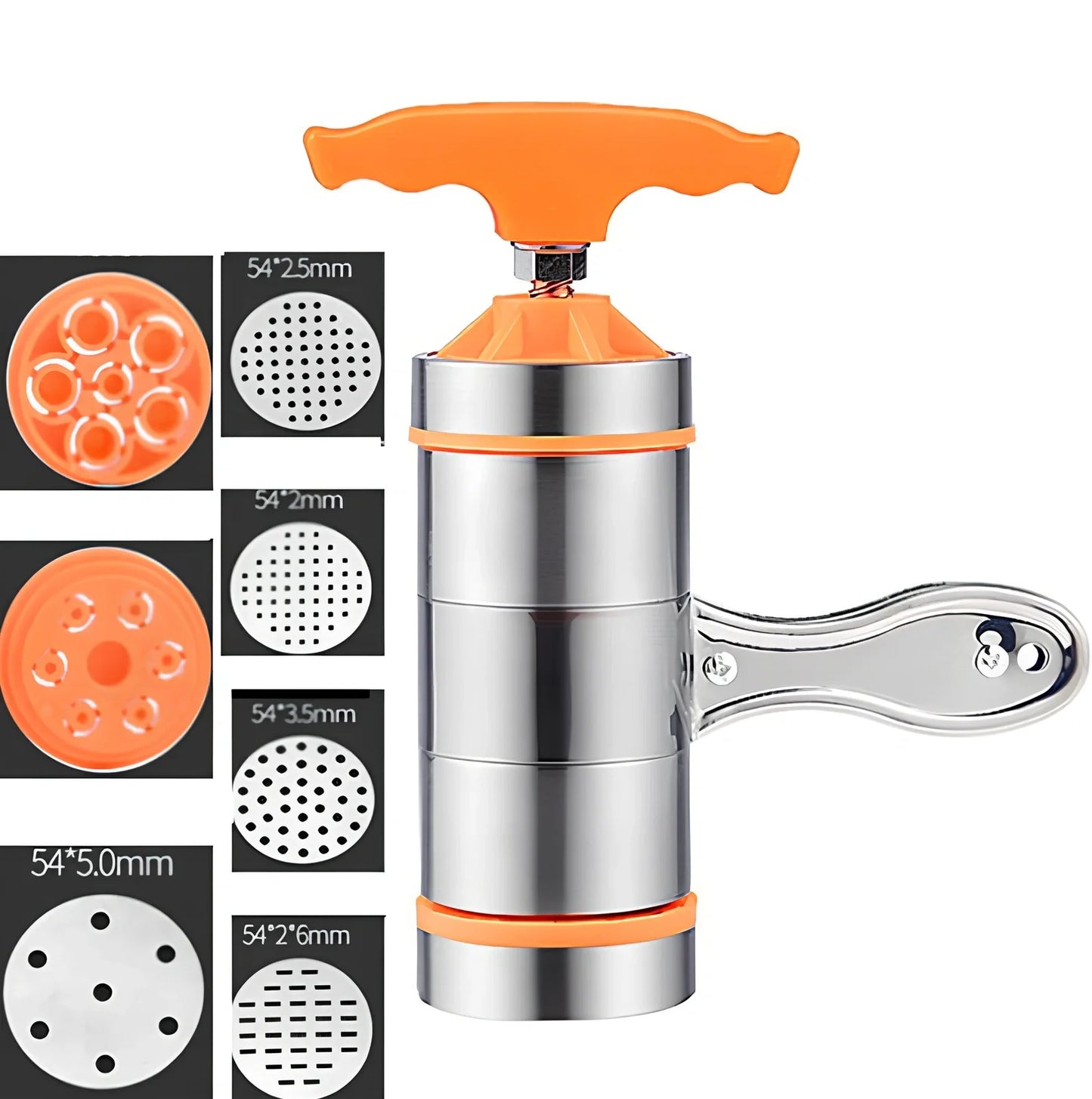 Small stainless steel pasta machine with seven mould attachments for home use