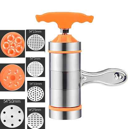 Small stainless steel pasta machine with seven mould attachments for home use