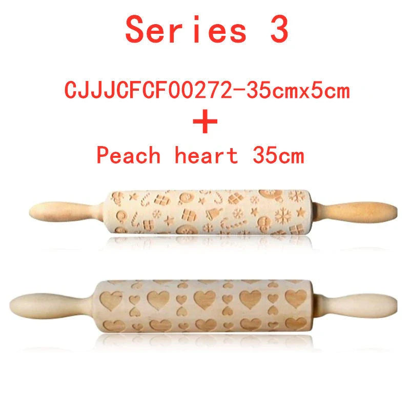 Wooden Christmas embossing rolling pin with non-stick surface for festive baking