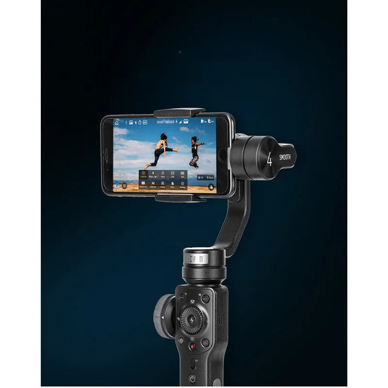 Black mobile phone shooting stabilizer handheld gimbal with smartphone mounted