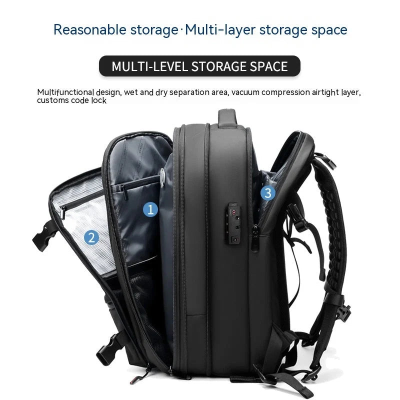 Men's business travel backpack with vacuum compression and multiple compartments
