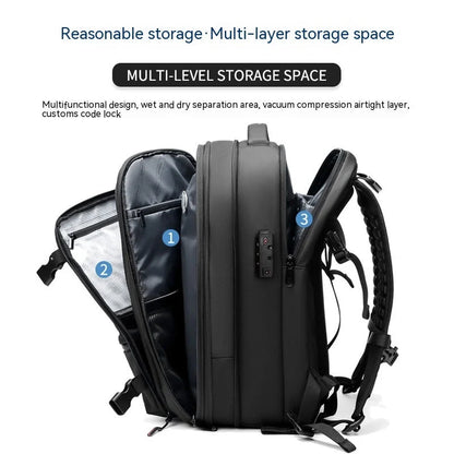 Men's business travel backpack with vacuum compression and multiple compartments