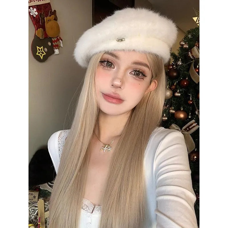Milk tea gold blonde long straight synthetic wig with high temperature fibre construction
