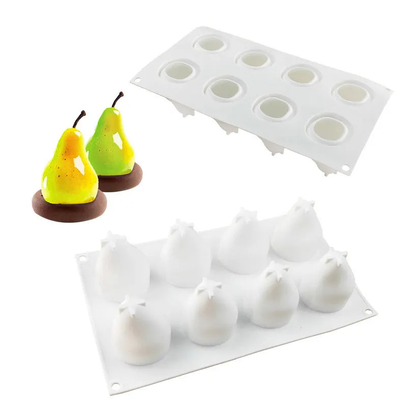 Six-cavity fruit silicone baking mould in pineapple, pine cone, and pear designs
