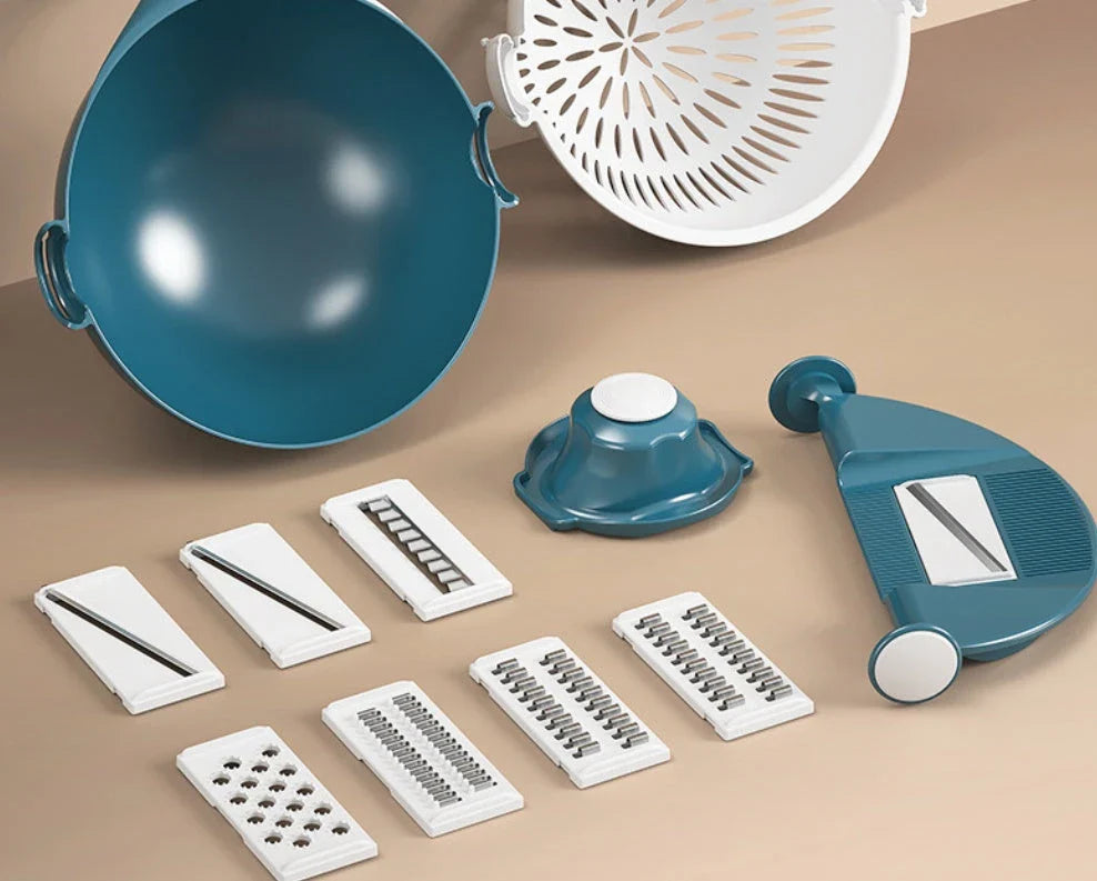 Nine in One Vegetable Drainage Basket with drainage feature and 8 blades