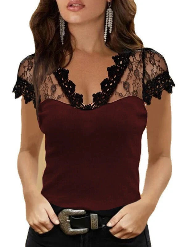 Women's slim fit lace short-sleeved top in black, purple, red, and blue