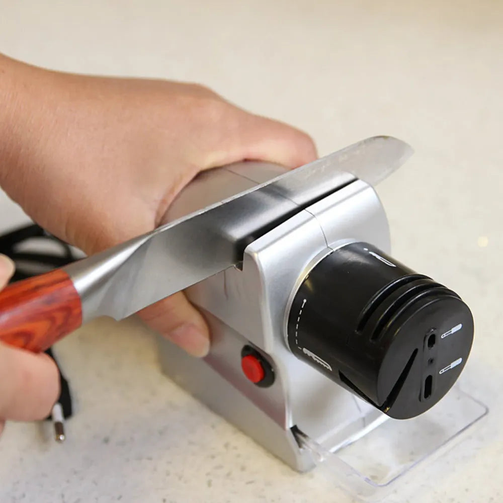 Plug-in power electric knife sharpener with emery grindstone, ABS body, gold accents, and compact 19 x 16.6 x 6.3 cm size for multifunctional sharpening
