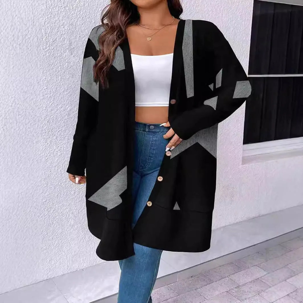 Black plus size casual cardigan coat with button stitching and printing details