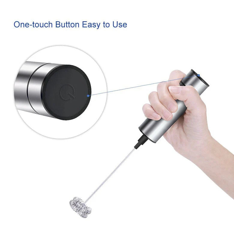 Handheld electric milk frother and blender in silver, with detachable whisk head
