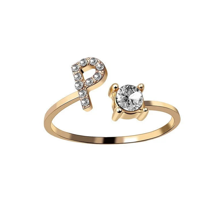 Elegant 26-letter adjustable initial ring in gold, silver, and rose gold finishes