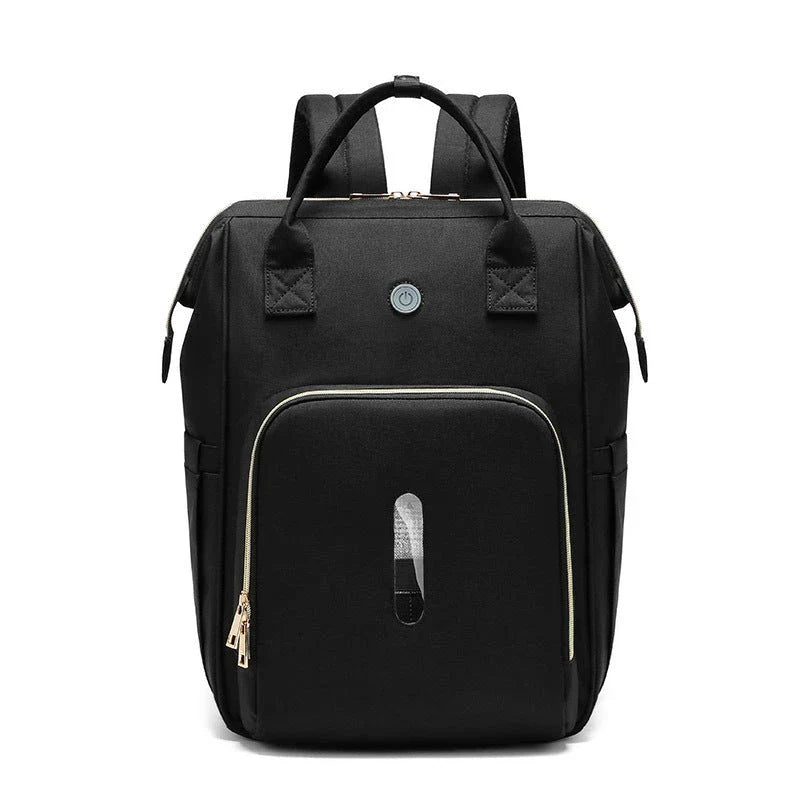 Sterilizing mother and baby bag in pink, black, and dark grey with milk bottle compartment