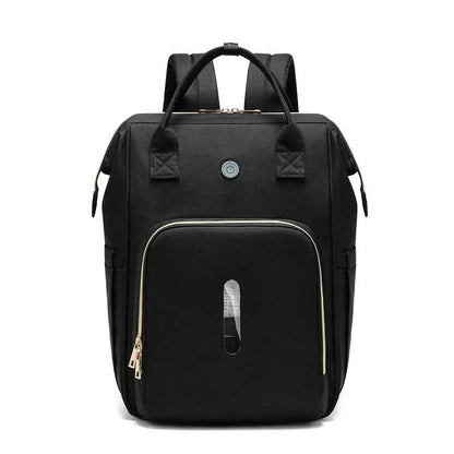 Sterilizing mother and baby bag in pink, black, and dark grey with milk bottle compartment