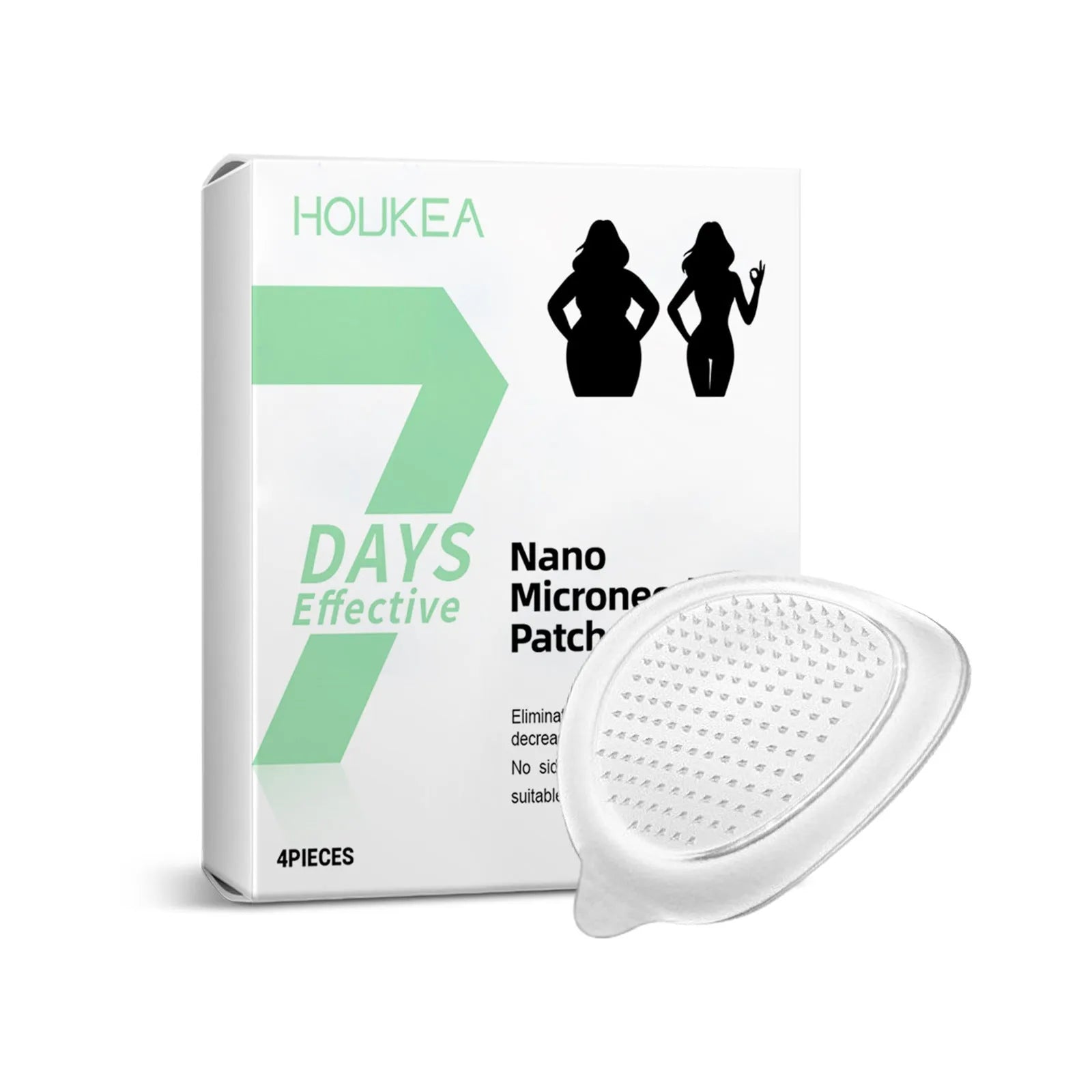 Pack of four slimming nano microneedle adhesive patches on skin.
