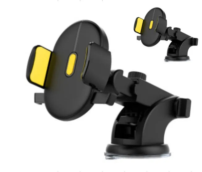 Black telescopic car dashboard phone holder with suction cup extended, showing 360-degree rotation.