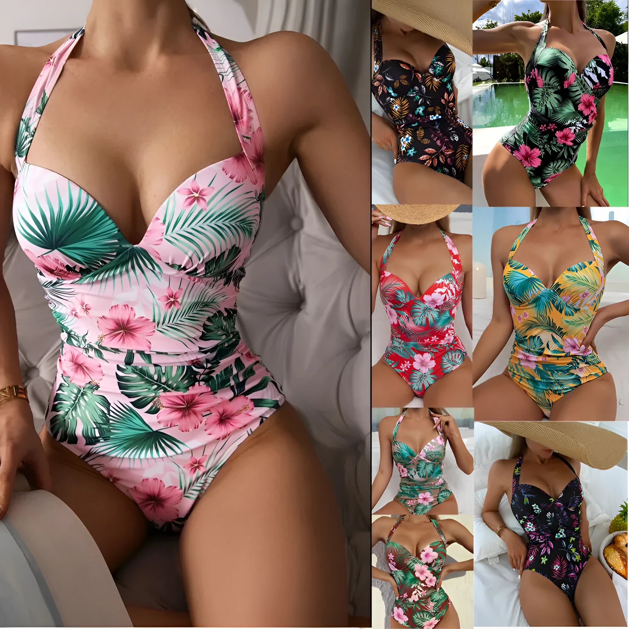Women's printed halter neck one-piece swimsuit in conservative backless design