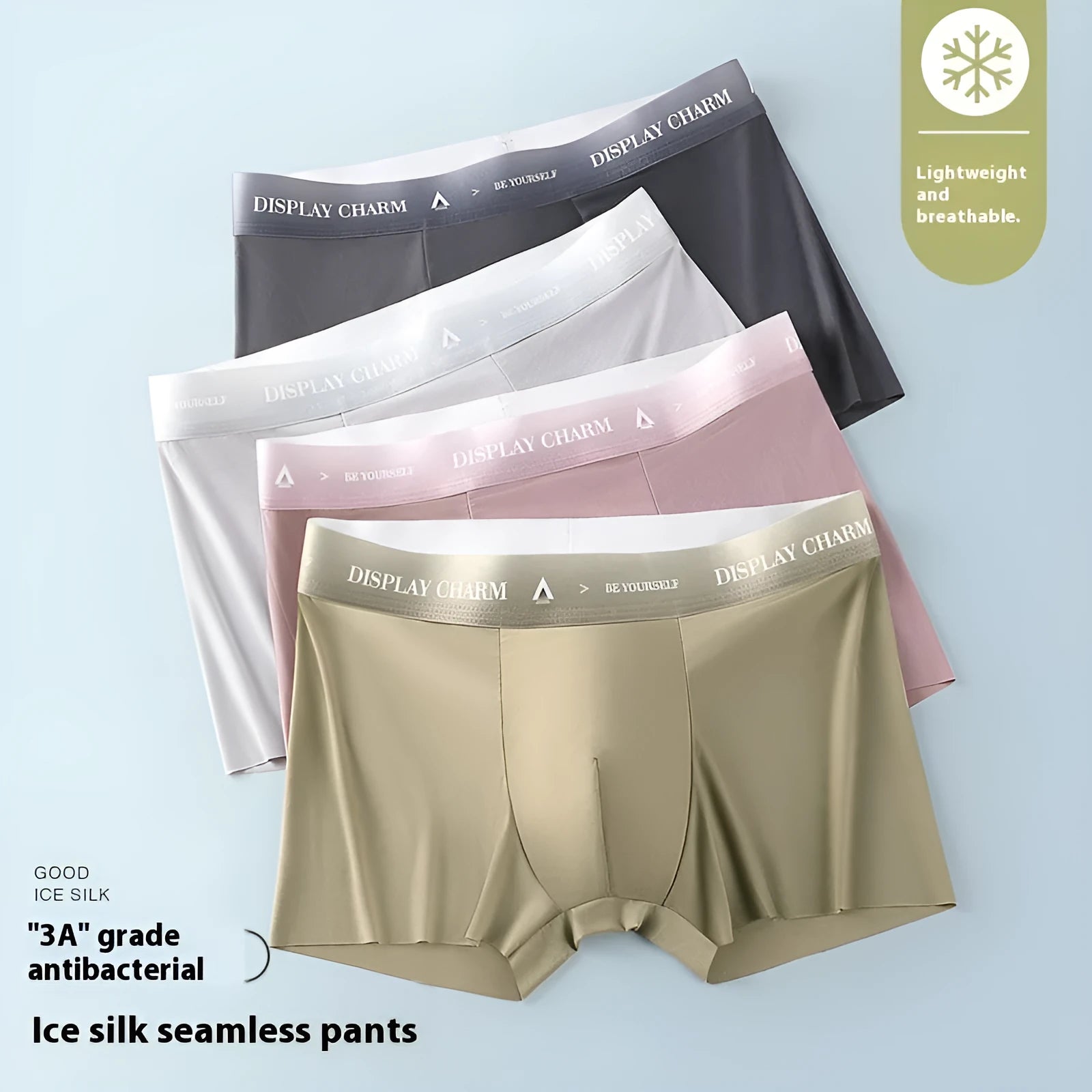 Ice silk men's seamless boxers in five solid colours: dark gray, silver gray, dark green, mustard yellow, reddish brown