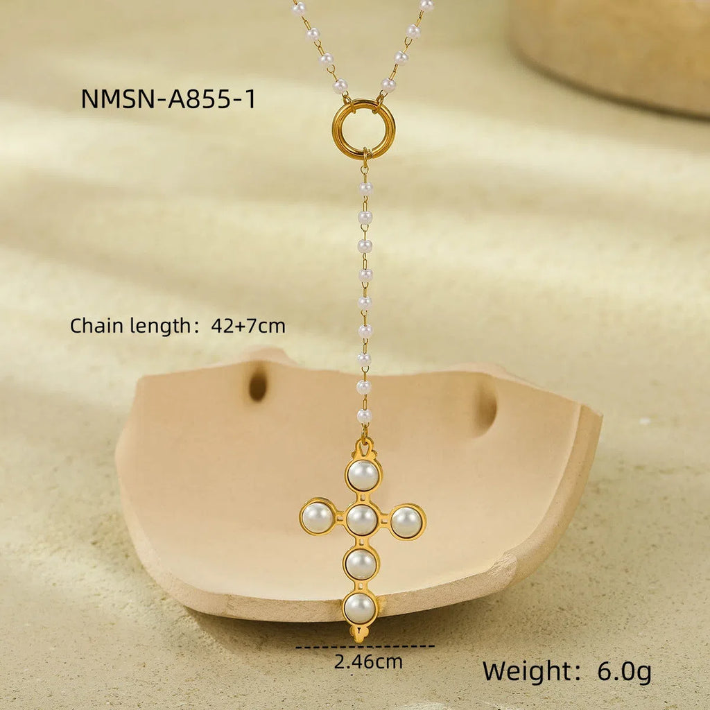 18K electroplated stainless steel cross pendant pearl necklace for women adjustable 41-50cm chain