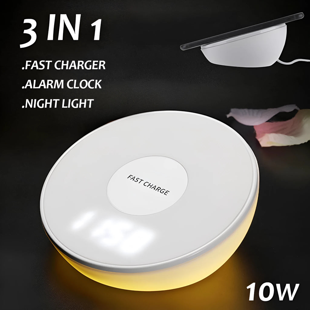 White wireless phone charger with LED digital clock display and three control buttons on the front.