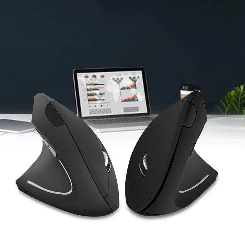 Ergonomic vertical wireless mouse in black and brown with 6 buttons and 10m range