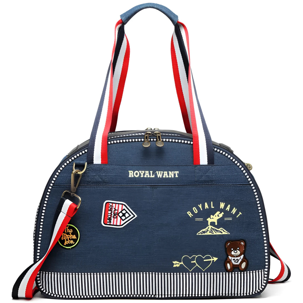 Blue Japanese-style denim pet travel bag with cartoon pattern and dimensions 43x20x30cm