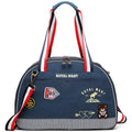 Blue Japanese-style denim pet travel bag with cartoon pattern and dimensions 43x20x30cm
