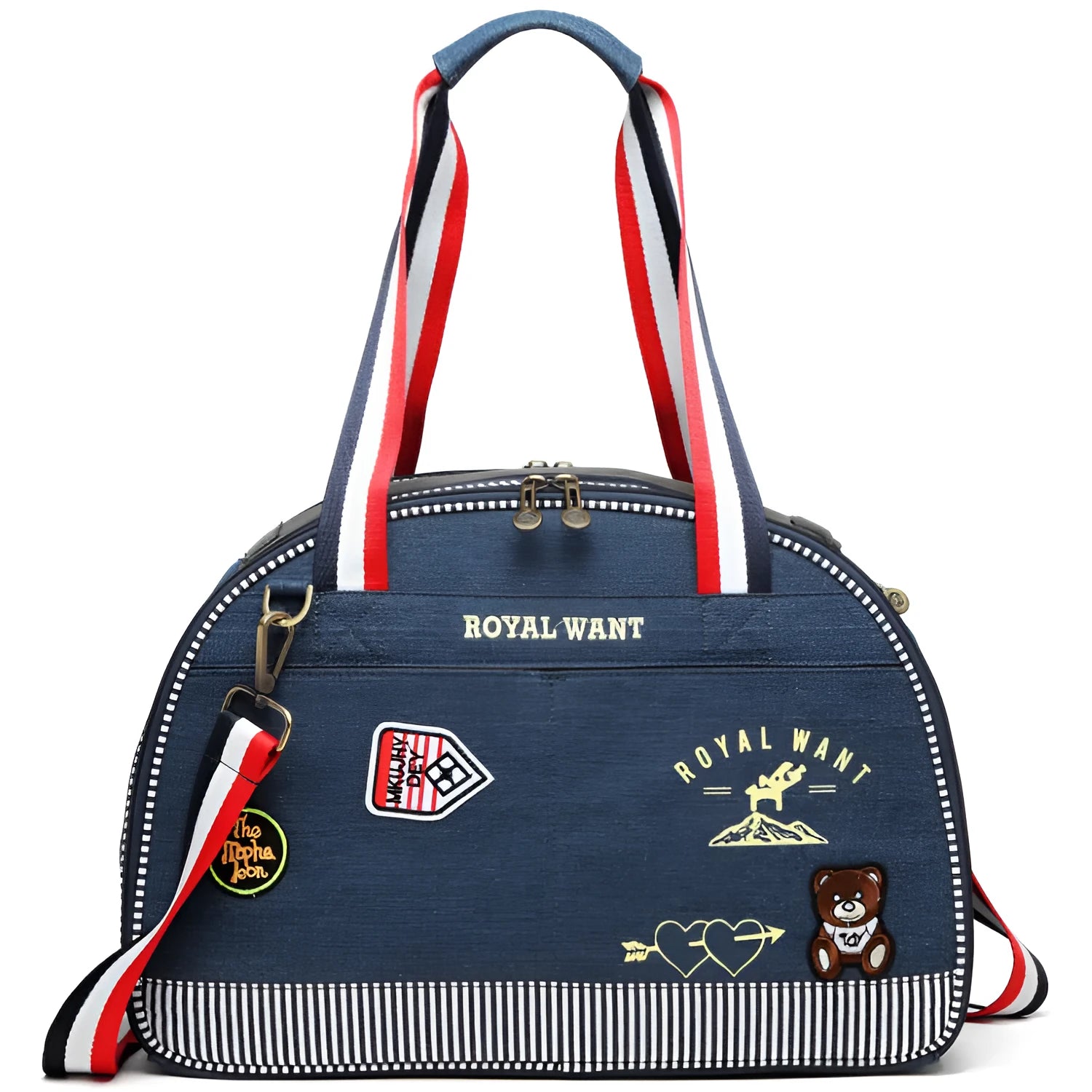 Blue Japanese-style denim pet travel bag with cartoon pattern and dimensions 43x20x30cm