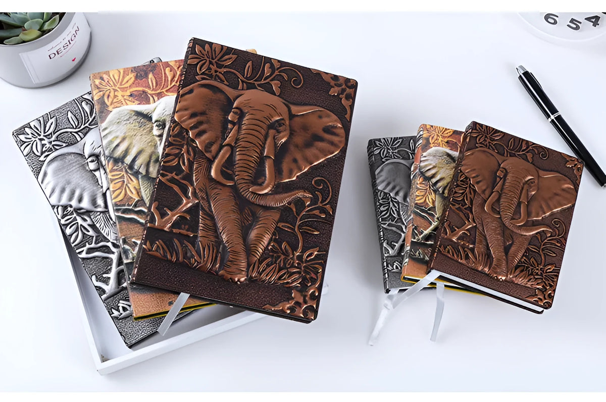 European-style embossed PU hardcover notebook with beige paper pages, 13.5x20.5cm, brushed bronze accents