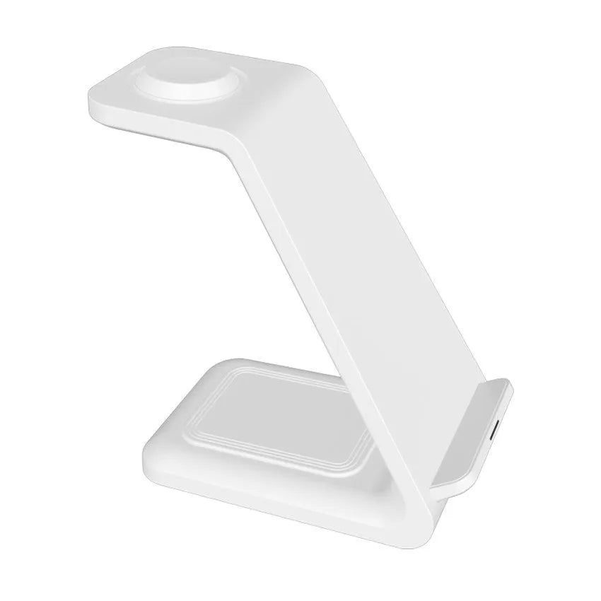 White 3-in-1 upright wireless charging stand holding a mobile phone at an angle