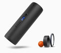 Black rechargeable cordless bike electric inflator with LCD display and pressure hose on white background