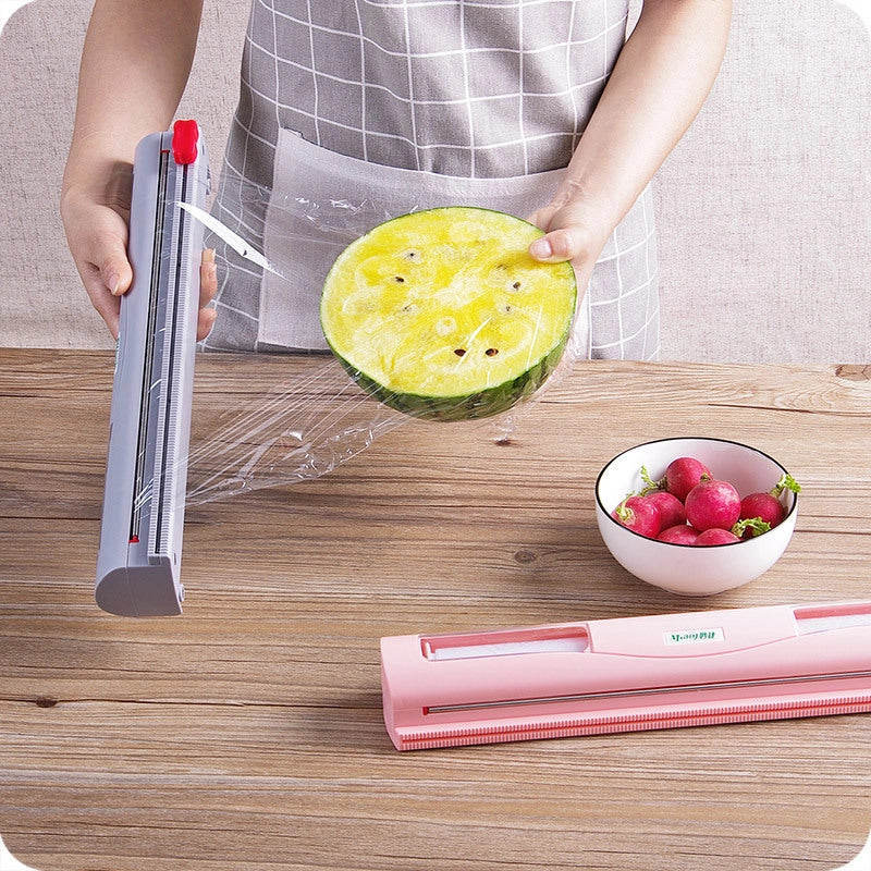 Household cling film cutter with stainless steel blade for precise, clean cuts