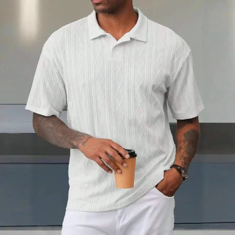 Retro button lapel short sleeve T-shirt in a cotton blend fabric, shown in a loose fit.