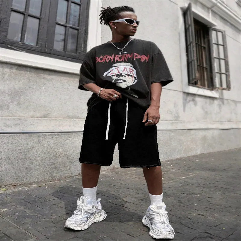 Men's straight-leg medium-long trousers in black, green, or light grey for streetwear and casual sports