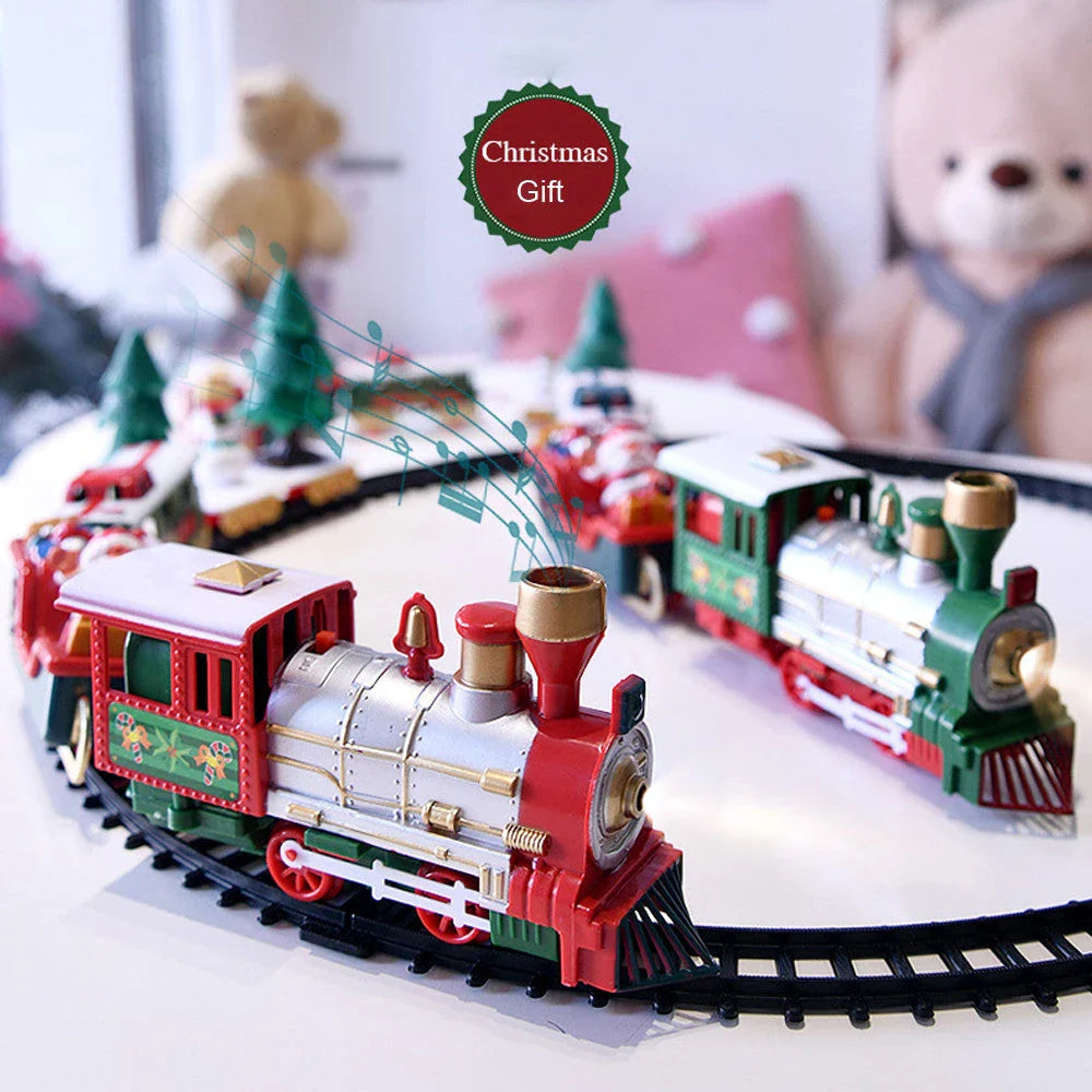 Christmas toy train set with lights and sounds on railway tracks