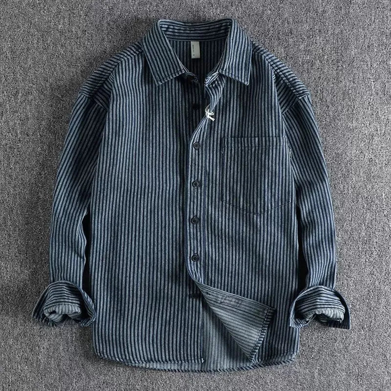 Blue men's denim shirt cardigan style with stripes on hanger