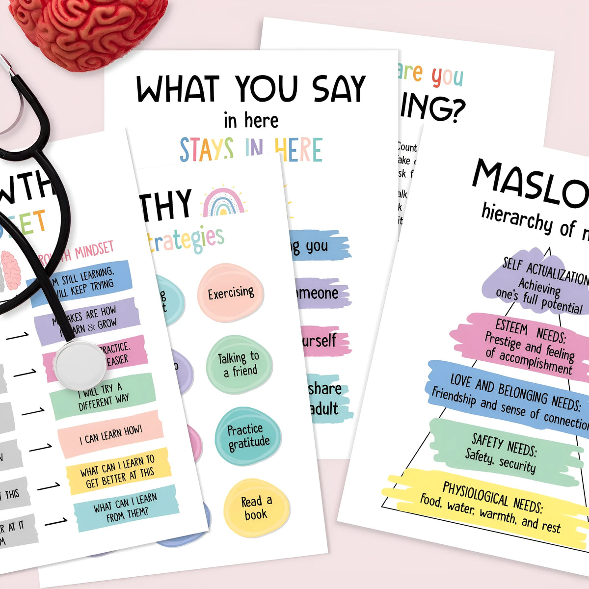 12 mental health posters on glossy coated paper each 255 x 355mm with bright film finish for office or consulting room display