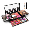 74 colour makeup palette with four layers, a mirror, and included brushes for eyeshadow, lip, and contour.